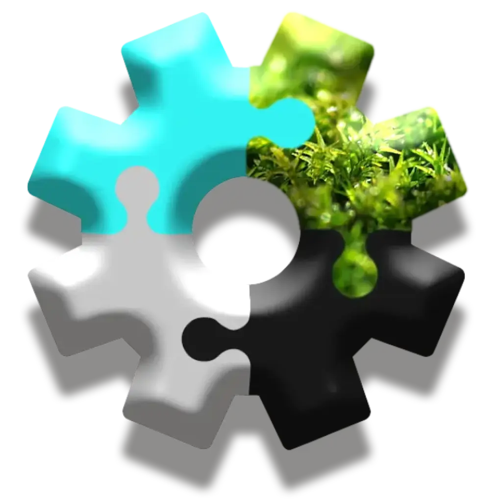 Ein Zahnrad, das sich aus Puzzleteilen zusammensetzt, das REVONEER-Logo.